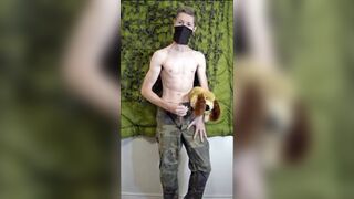 Femboy Soldier Guy Fucking Plushie Hard then Squirts on own Stomach while Wearing Military Gear Peacock King - Amateur Gay Porn