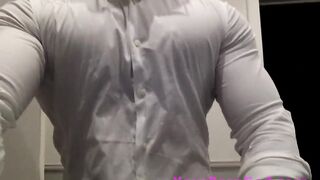 ripping my white shirt while flexing my big muscle pecs and biceps