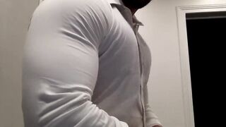 ripping my white shirt while flexing my big muscle pecs and biceps