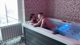 Hard play with a blond twunk in a large bath