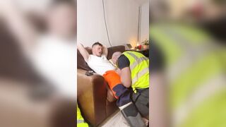 Construction worker giving his buddy a blowjob