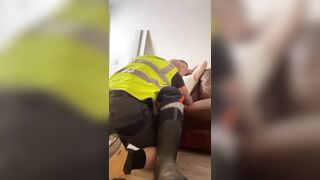 Construction worker giving his buddy a blowjob