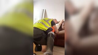 Construction worker giving his buddy a blowjob