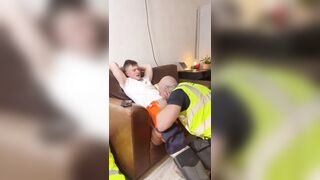 Construction worker giving his buddy a blowjob