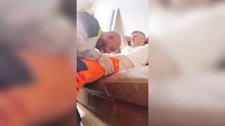 Construction worker giving his buddy a blowjob