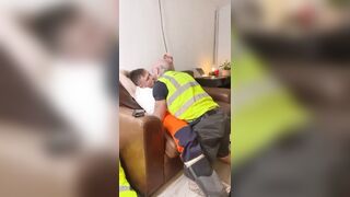 Construction worker giving his buddy a blowjob