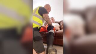 Construction worker giving his buddy a blowjob