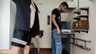 My friend had his sweatpants bulging down there - Gay Porn