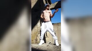 outdoor public place 2 cumshot flexing arms abs back muscles cumming in a row fit toned body kylebern gay video