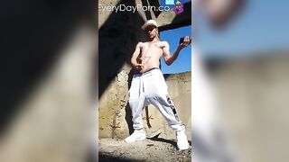 outdoor public place 2 cumshot flexing arms abs back muscles cumming in a row fit toned body kylebern gay video