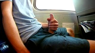 Exhibitionist risky jerk off on a train, heavy cumshot all over myself